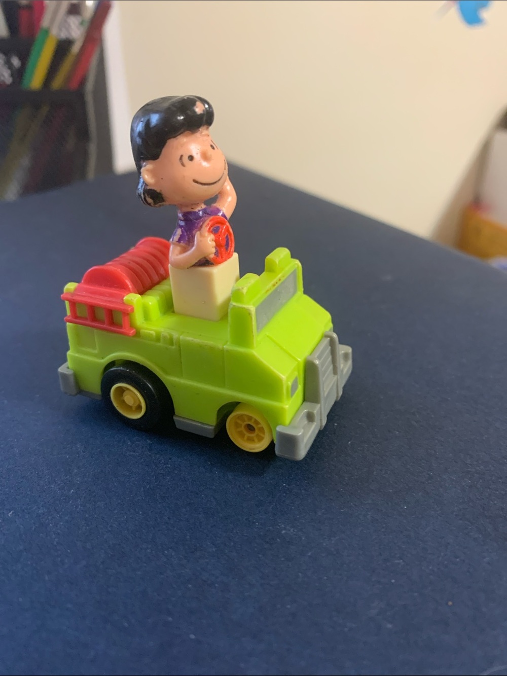Vintage Peanuts Lime Green Rescue Truck Toy with Charlie Brown Figure